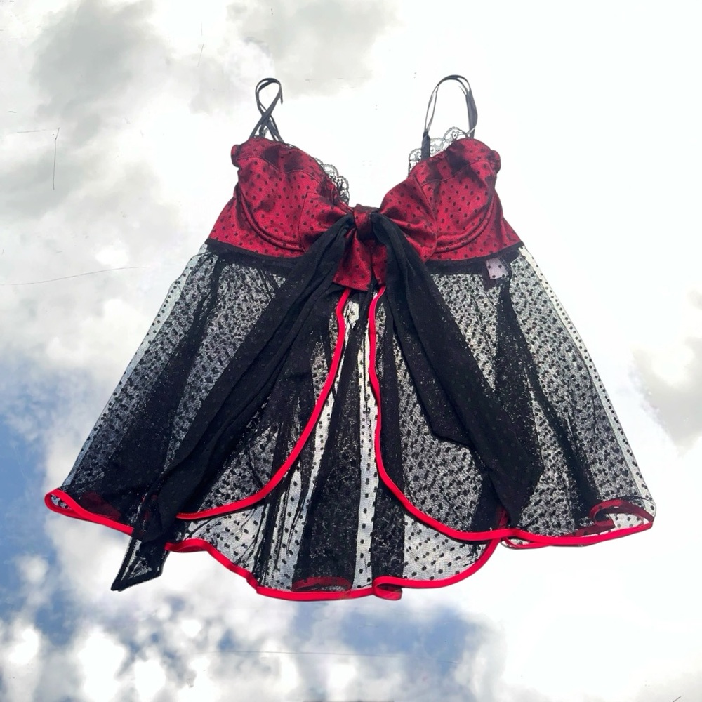 90s Vintage Shirley of Hollywood Red and Black Sheer Lingerie babydoll top